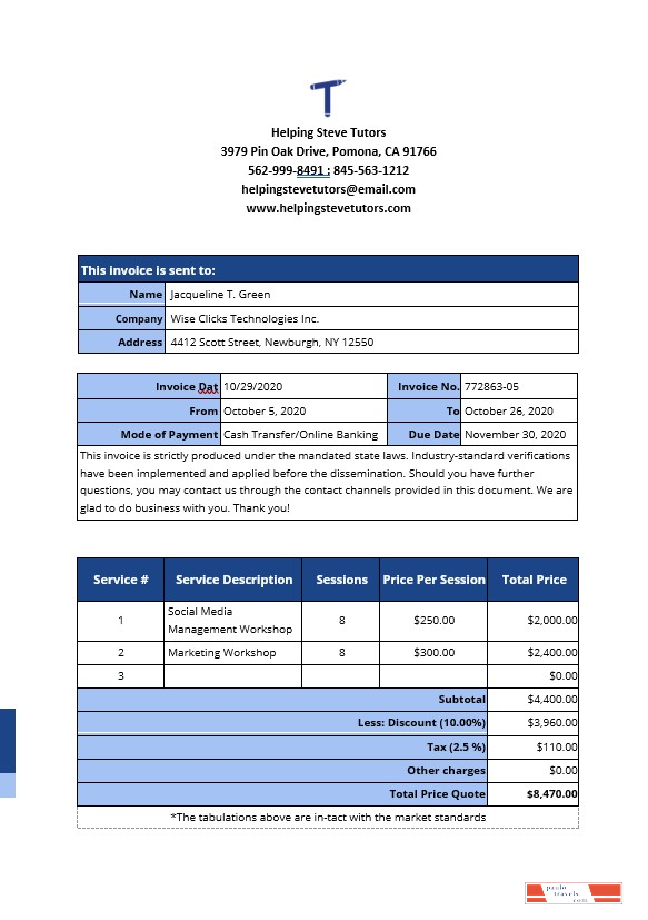 Freelance Work From Home Invoice Template PSD template